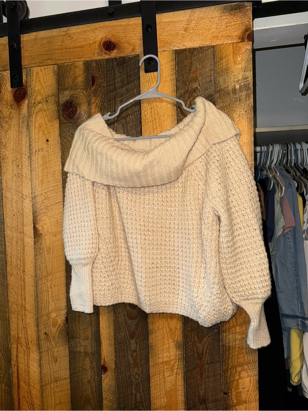 Express Cream Off-Shoulder Foldover Knit Sweater
